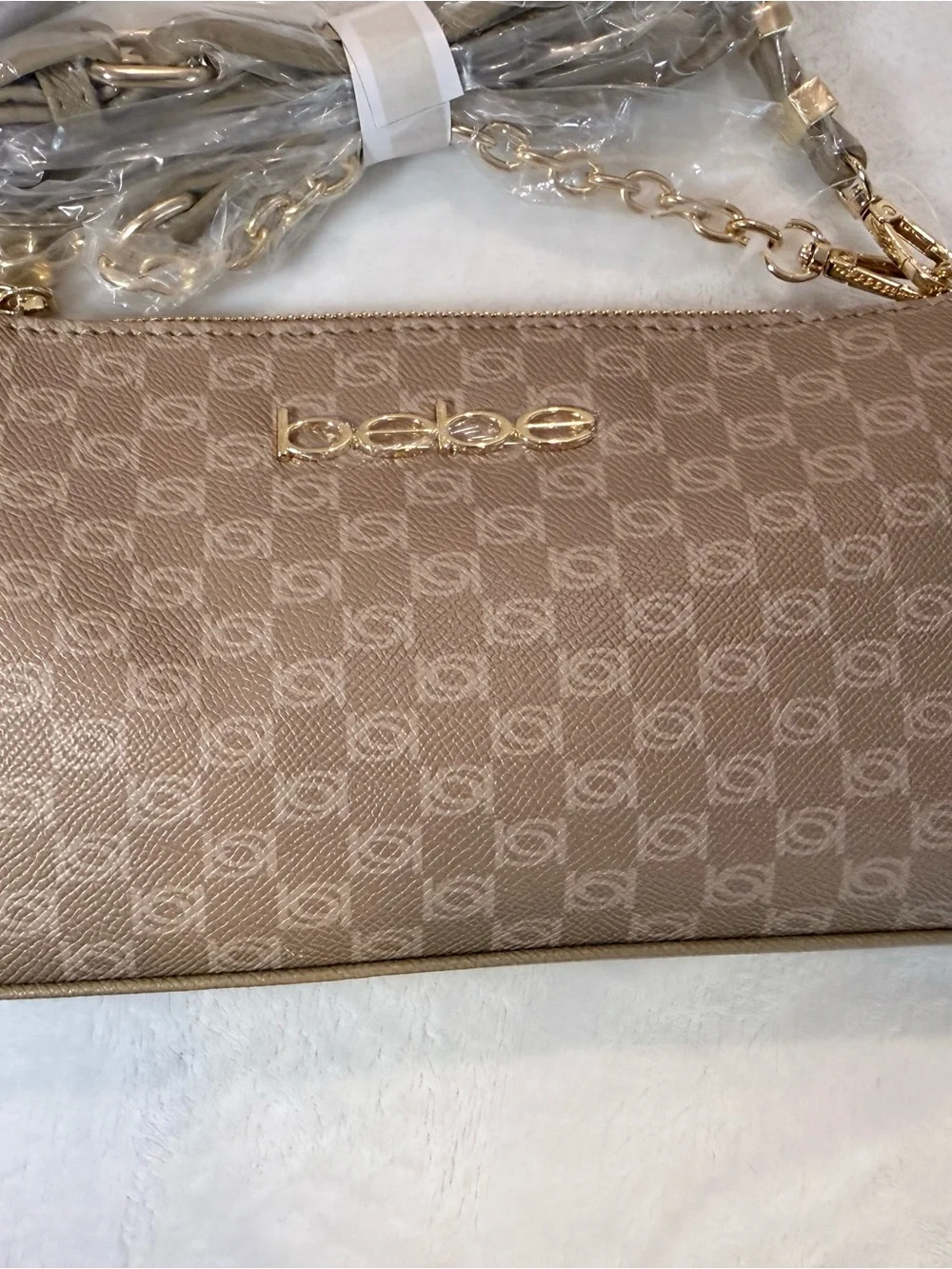 bebe Taupe Logo Crossbody Bag with Gold Hardware